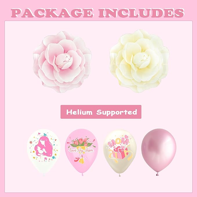 26 PCS Happy Mothers Day Balloons Pink and White Camellia Balloon Kit For Mother's Day Globos Para El Día De La Madre Mother Day I Love You Best Mom Foil Balloons Birthday Party Decorations for Mom
