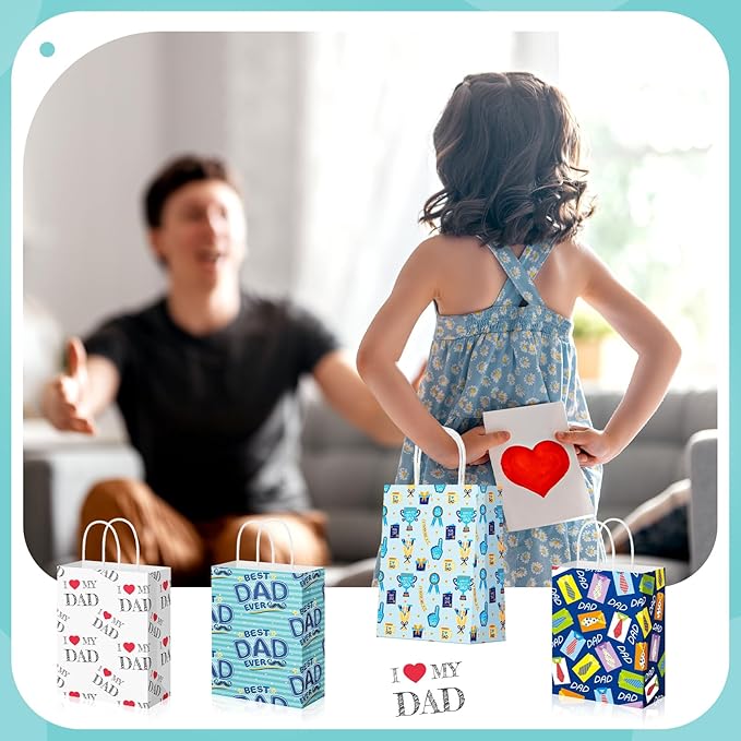 Gilprop 48 Pcs Father's Day Gift Bags Bulk Dad Party Supplies, 8 Inch Happy Father's Day Paper Treat Goodie Bags with Handle, Dad Ever Gifts Favors for Him Birthday Anniversary