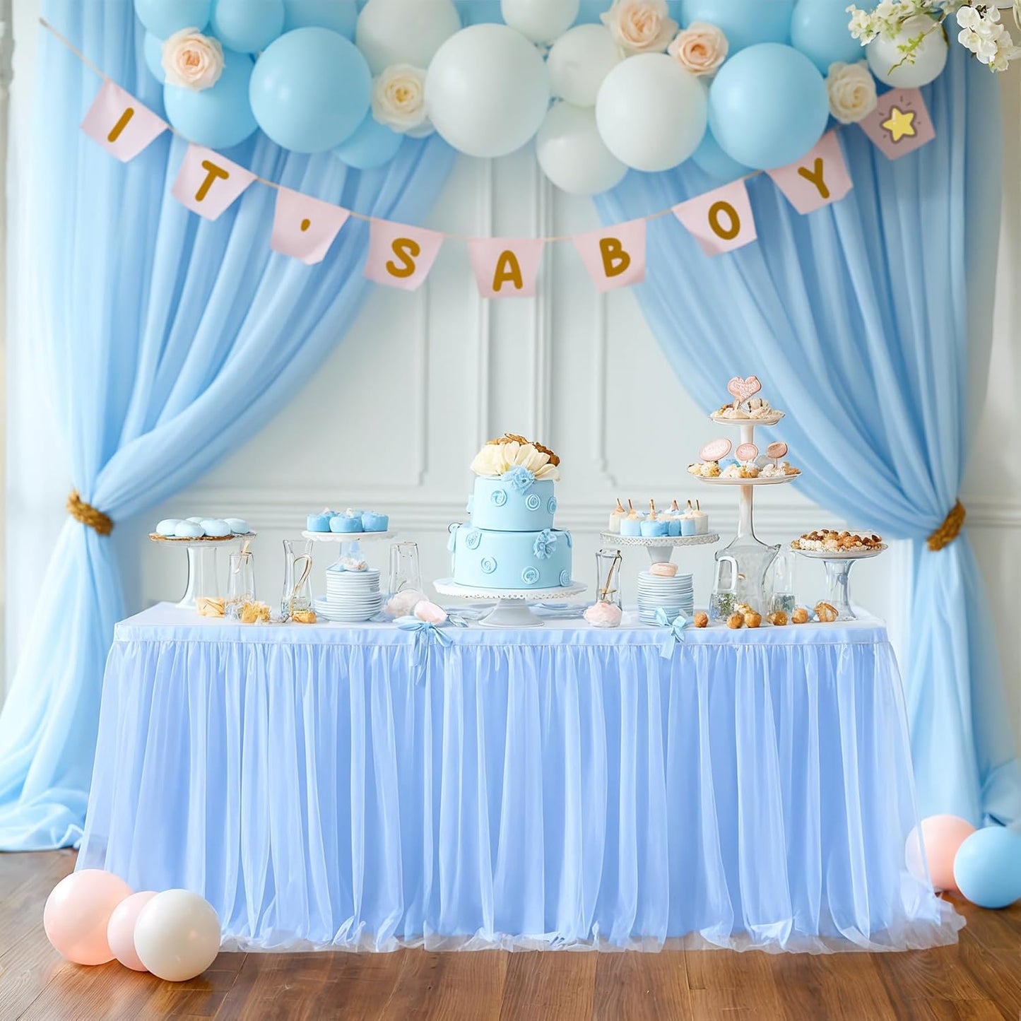 14ft Baby Blue Tulle Table Skirt for Baby Shower Boy Light Blue Tutu Table Cover for Birthday Party Baby Shark Gender Reveal Boy Elephant Theme Cake Table Decorations