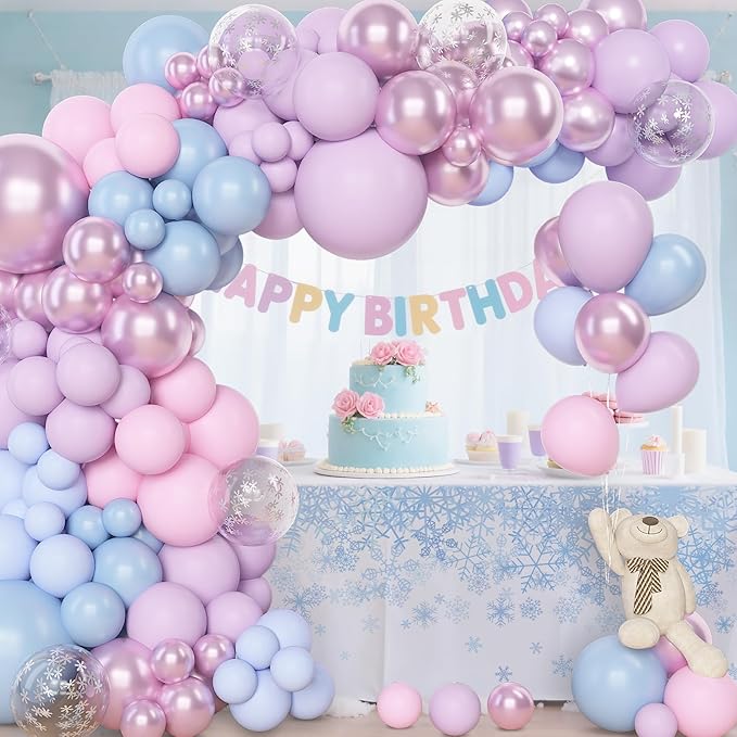 Amandir 153pcs Pink Purple Blue Balloons Arch Garland Kit, Different Sizes 18 12 10 5 inch Metallic Pastel Iridescent Balloon for Girl Mermaid Snowflake Princess Birthday Party Baby Shower Decorations