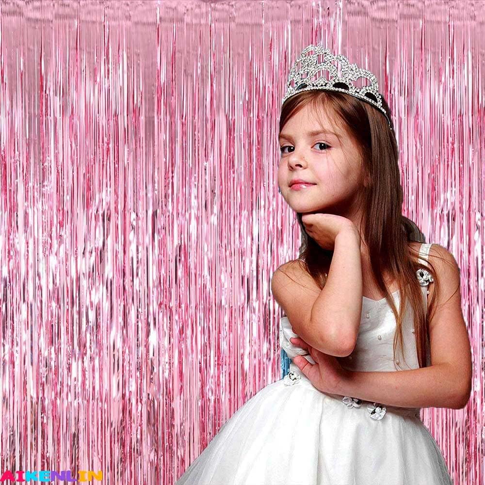 4 Pack 3.3Ft x 6.6Ft Pink Foil Fringe Curtain Backdrop, Metallic Tinsel Foil Fringe Streamers Curtains Background for Photo Booth, Birthday, Wedding, Halloween, Christmas Party Decoration