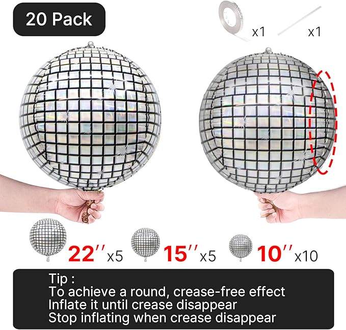 PartyWoo Silver Disco Ball Foil Balloons 20pcs Different Sizes Pack of 22 15 10 Inch Large Round Foil 4D Inflatable Mirror Ball Mylar Balloons for Graduation Men Birthday Space Party Decorations