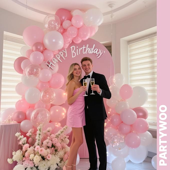 PartyWoo Pink and White Balloons 65pcs 12 Inch Light Pastel Baby Metallic Pearl Pink Matte White Confetti Balloons for Gender Reveal Wedding Bridal Girl Baby Shower Princess Birthday Party Decorations