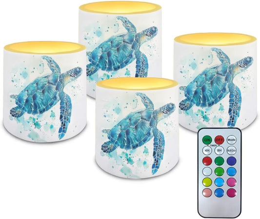 Poceacles LED Flameless Candles Set of 4 Multi-Color Battery-Powered Candles with Remote and Timer, Tea Light for Weddings Parties Decorations, Watercolor Sea Turtle Blue White