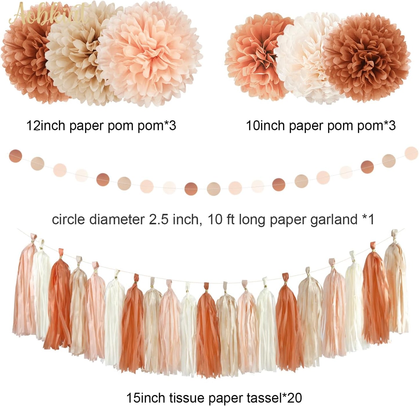 AOBKIAT Boho Wedding Decorations Set,28 PCS Dusty Brown Tissue Paper Pom Poms,Circle Dots Garland Paper Tassels Hanging Backdrop for Baby Shower,Birthday,Bridal Showers,Fall Party Supplies