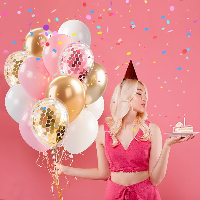 Pink Gold Confetti Balloons 12 inch White Pink Gold Birthday Balloons for Women & Girl Party Supplies for Baby Shower Wedding Bridal Shower Graduation Bachelorette Princess Party