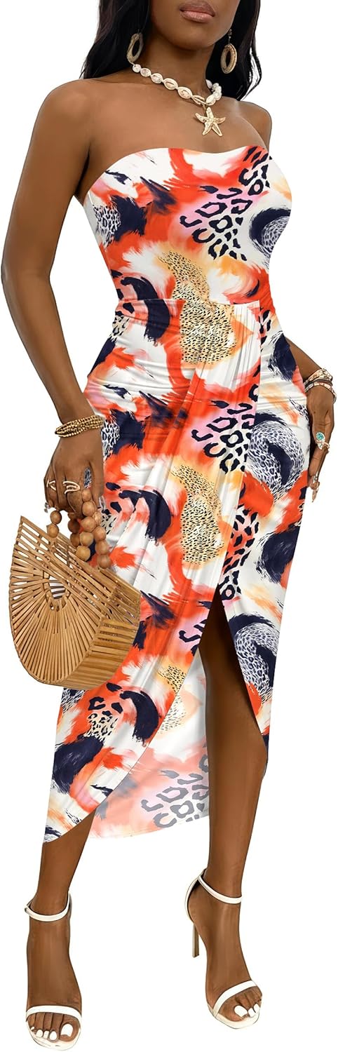Umenlele Women's Strapless Ruched High Waist Wrap Split Asymmetrical Beach Maxi Long Dress
