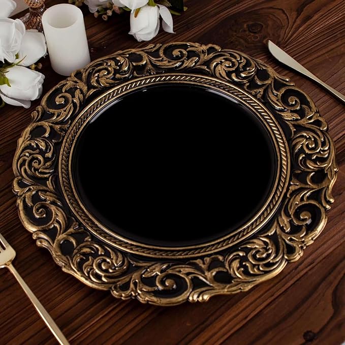Efavormart Set of 6 Black/Gold 14" Round Plastic Charger Plates With Engraved Baroque Design Rim For Wedding Party Events