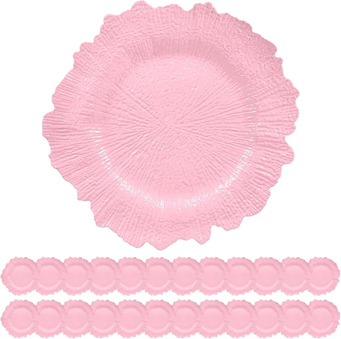 24 Pack Pink Charger Plates Bulk, 13" Plastic Reef Chargers for Dinner Plates, Round Charger Plate with Floral Reef Design for Dinner Wedding Party Table Setting Decoration