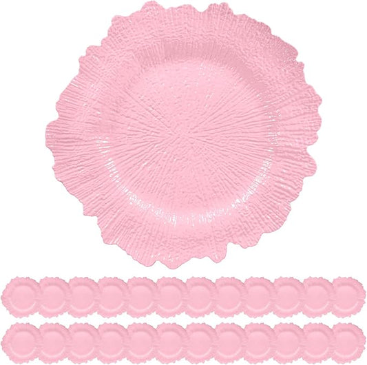 24 Pack Pink Charger Plates Bulk, 13" Plastic Reef Chargers for Dinner Plates, Round Charger Plate with Floral Reef Design for Dinner Wedding Party Table Setting Decoration