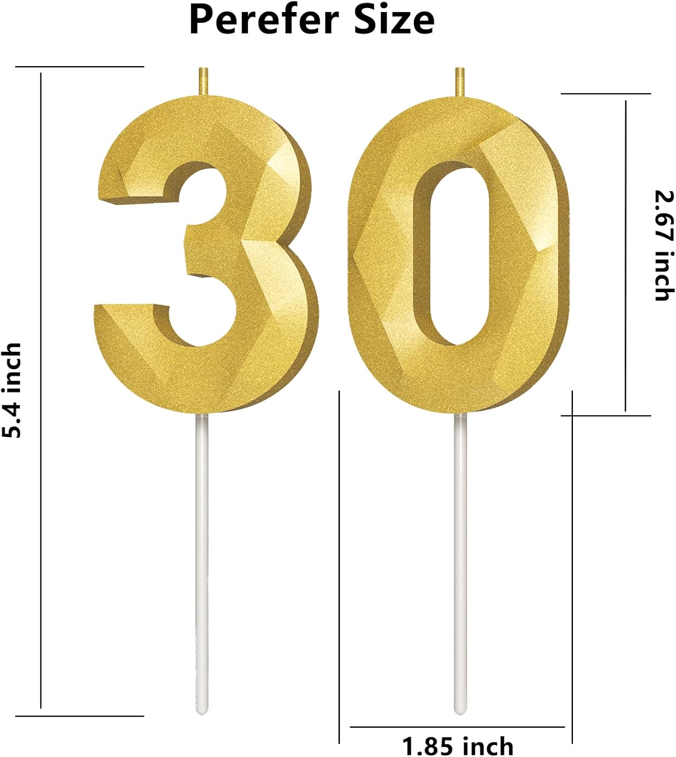 Number Birthday Candles(30 Candle Gold) 3D Diamond Shape Number Happy Birthday Cake Candles for Birthday Party Wedding Decoration Reunions Theme Party