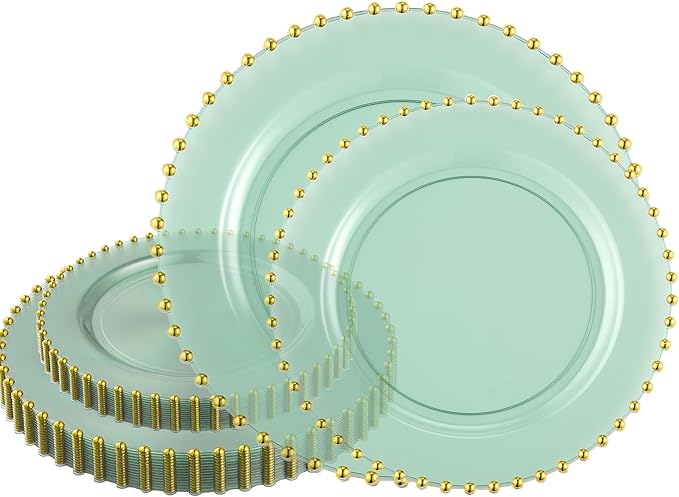 PLASTICPRO 32 Piece Combo Plastic Dinner Plates Disposable Plastic Fancy Heavy Duty Party Dishes 7 inch and 10 inch, Translucent Green and Gold Beaded