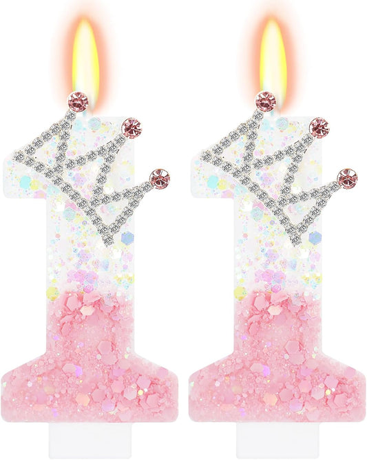 Pink White Number 11 Candle, Glitter Crown Cake Topper, Princess Birthday Party Decorations for Girls and Women Anniversary Celebrations Party Favors