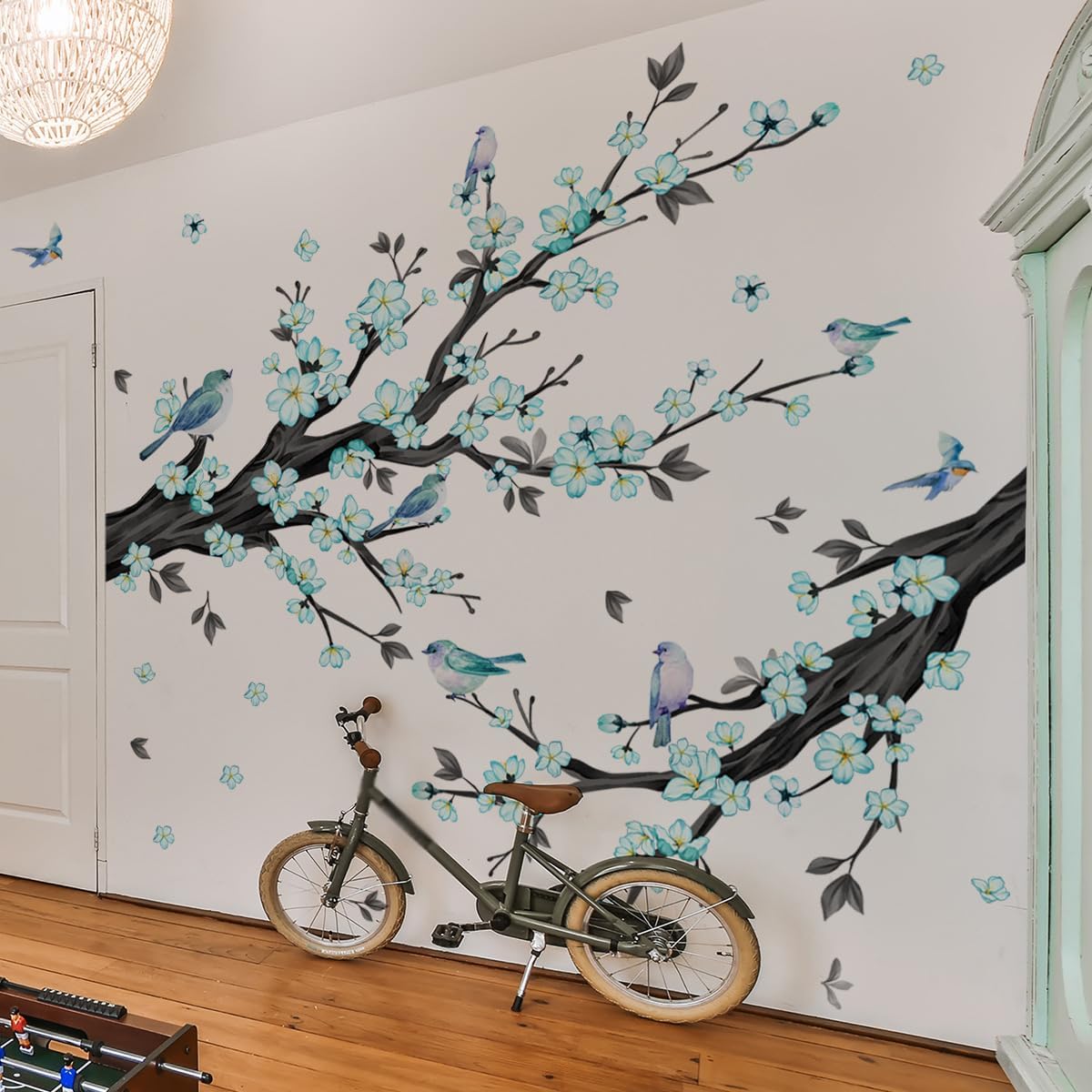 Large Blue Cherry Blossom Branch Wall Decals Flower Bird Blue Floral Tree Branch Wall Stickers for Living Room Bedroom, 76.37x65.35 inches
