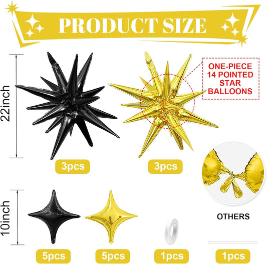 Black Gold Star Balloon,Black Gold 6Pcs 22Inch Explosion Star Balloons and 10Pcs 10Inch Four Angle Balloons Kit for New Year Birthday Graduation Anniversary Baby Shower Wedding Party Decorations