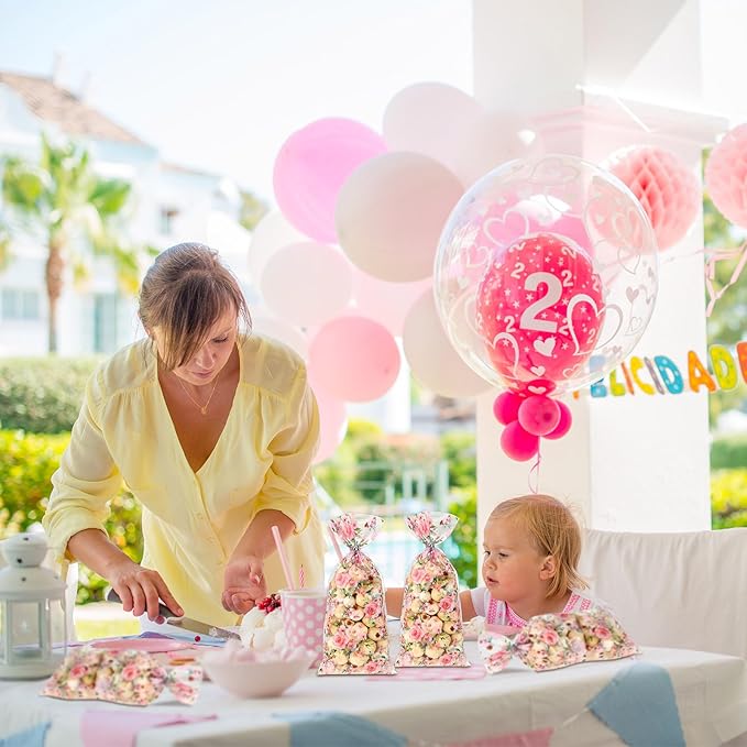 Outus 100 Pieces Party Cellophane Treat Bag Floral Candy Bags for Baby Shower Wedding Bridal Shower Supplies Favors Decorations Birthday Theme Floral Graduation Decor (Flowers)