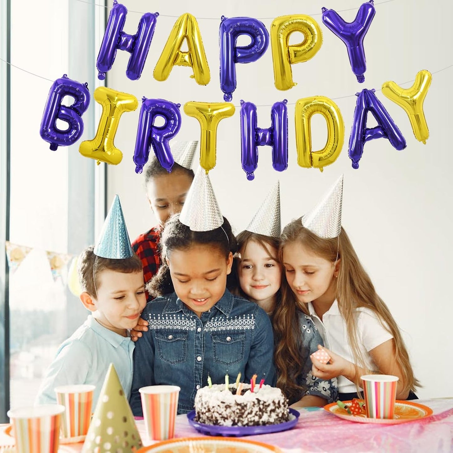 TONIFUL Happy Birthday Balloons with Ribbon Straw, 16 Inch Mylar Letters Birthday Sign Banner Bunting Reusable for Girls Boys Kids & Adults Party Decorations Supplies（Purple Gold）
