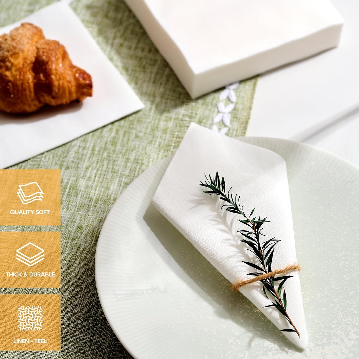 FOCUSLINE 200 Count Linen-Feel Disposable Cocktail Napkins, Soft and Absorbent Bulk Party Beverage Napkins Paper for Bar, Restaurant, Wedding, Dinner or Events, White