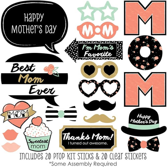Mother's Day Photo Booth Props Kit - Celebration Set, Premium Cardstock Photo Props with Sticks, DIY Party Decorations - 20 Pieces - Best Mom Ever