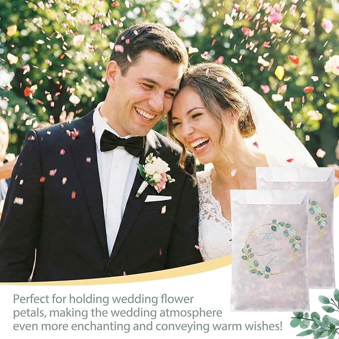 100 Pcs Wedding Confetti Bags, 2.8" x 5" Throw Flower Petal Packets Semi-transparent Glassine Waxed Paper Treat Bags for Wedding Toss, Party Decor(Throw Some Love-green Leaves)