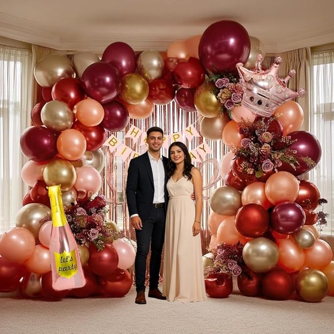 Burgundy Birthday Decorations, Double Stuffed Maroon Red Pink Gold Pearl Balloons Happy Birthday Banner Fringe Curtain Foil Balloons for Women Girls Birthday Mother's Day Bridal Shower Party Supplies