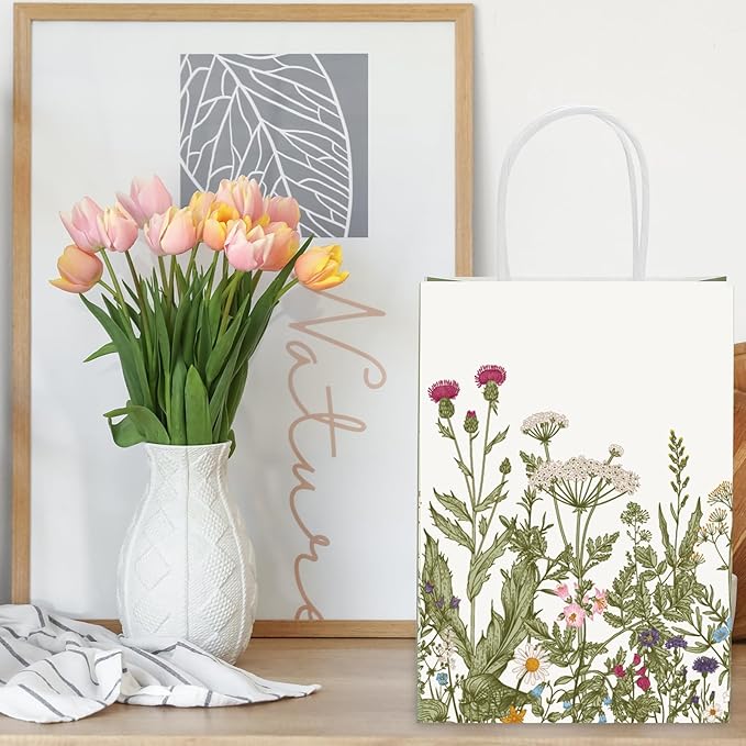 36Pcs Sage Green Wildflower Paper Gift Bags Vintage Wild Floral Party Favor Bags with Handles Decorative Goodie Candy Treat Bags for Spring Wedding Baby Shower Birthday Party Supplies