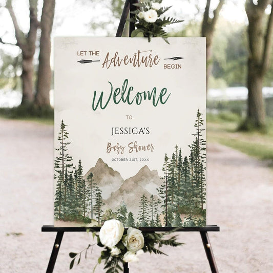 Let the Adventure Begin Baby Shower Welcome Sign, Woodland Baby Shower Forest Pine Trees Mountain Welcome Sign, Welcome Sign Baby Welcome Sign, Baby Shower Decorations, Baby Announcement Sign