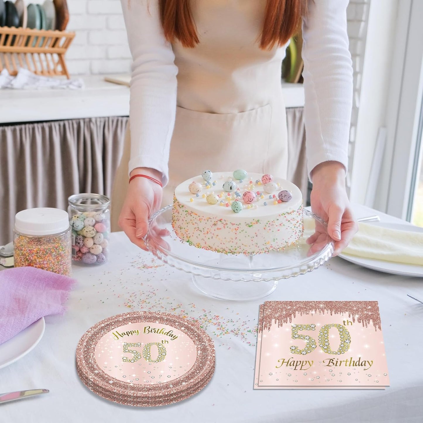 50th Birthday Decorations for Women, Rose Gold Fifty Year Old Party Supplies Include 20 Plates 20 Napkins, Pink 50 Aged Birthday Party Tableware