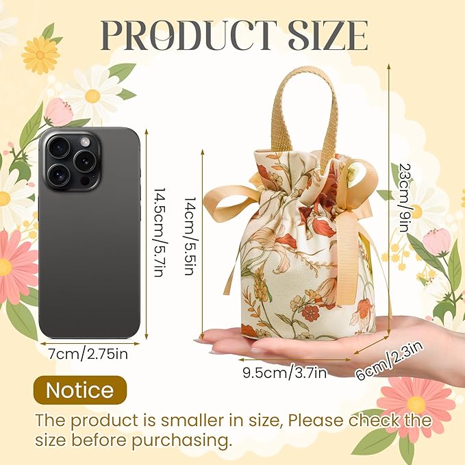 Liobelon 8 Pieces Floral Mini Gift Bags with Handles 14x9.5x6cm/5.5x3.7x2.3inch Canvas Small Candy Bag Tea Party Favor Bags for Party, Wedding, Bridal Shower, Valentine's Day, Mother's Day (champagne)