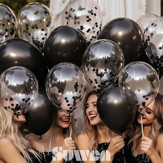 SUWEN Black Metallic Balloons and Confetti Balloons Set 47PCS Latex Helium Chrome Black Balloon for Birthday Graduation Anniversary Party Decorations