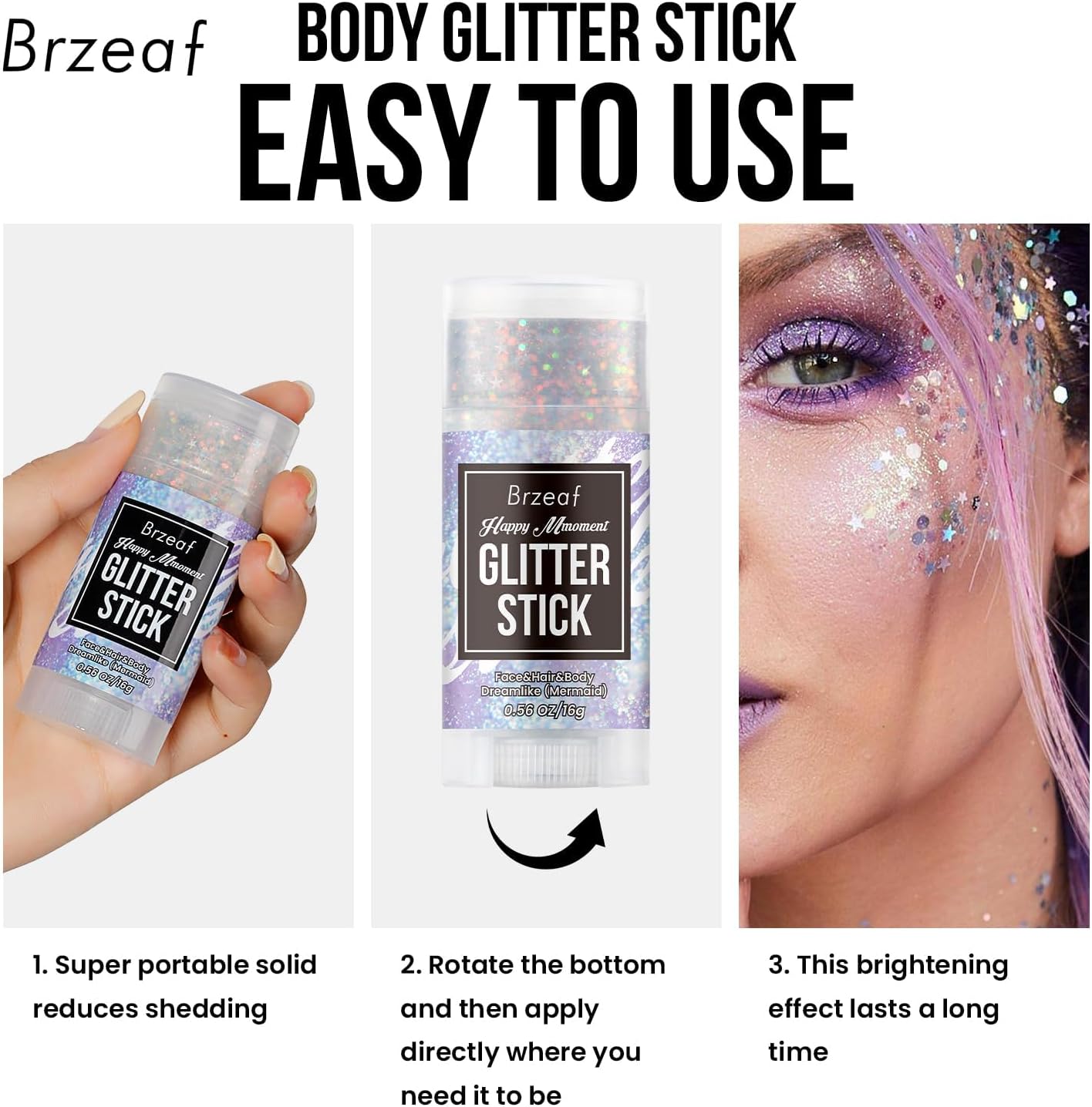 Brzeaf Waterproof Mermaid Glitter Stick, Shimmery& Long Lasting, Christmas Hair Eyeshadow Face Body Glitter, Singer Concert Music Rave Festival, Glitter Stick Makeup & Face Glitter Gel for Women Men