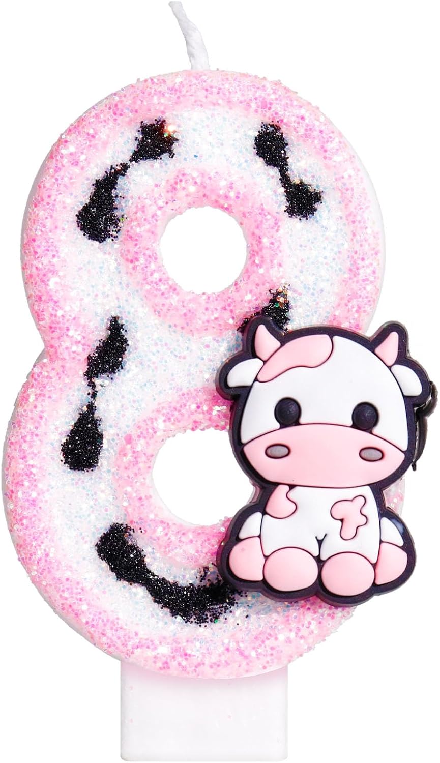 Pink Cow Glitter Birthday Candles Number 8 Birthday Decorations, 8 Year Old Birthday Decorations, Number 8 Candle for Cake, Cowgirl Theme Number Candle for Girls 8th Birthday Party Décor