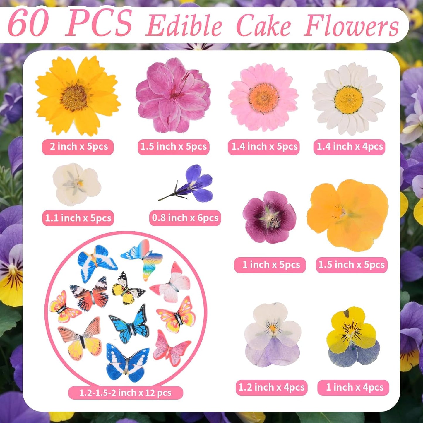 60 PCS Edible Butterfly and Flowers Cake Cupcake Toppers Decoration - Real Flowers & Wafer Butterfly for Wedding Themed Party Birthday Cake Decor Hawaiian Flower,Mixed Size Color