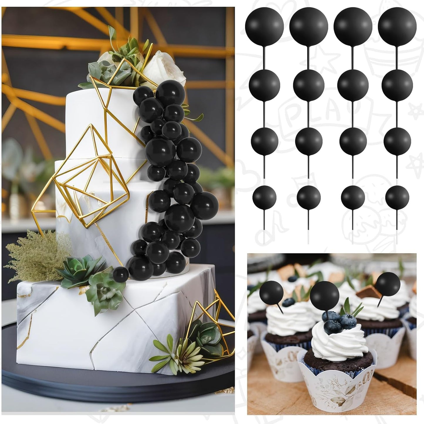 138 Pcs Black Balls Cake Topper Decorations Balloon Cupcake Toppers Foam Cake Topper Balls Decorations for Halloween Birthday Party Wedding Anniversary