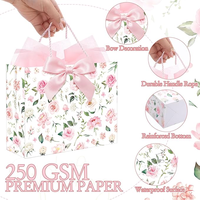 Maitys 12 Sets 13" Large Pink Floral Gift Bags Bulk with Handle, Tissue Papers, Ribbons and Greeting Cards Spring Floral Birthday Paper Bag for Women Wedding Easter Bridal Showers Party Favor Supplies