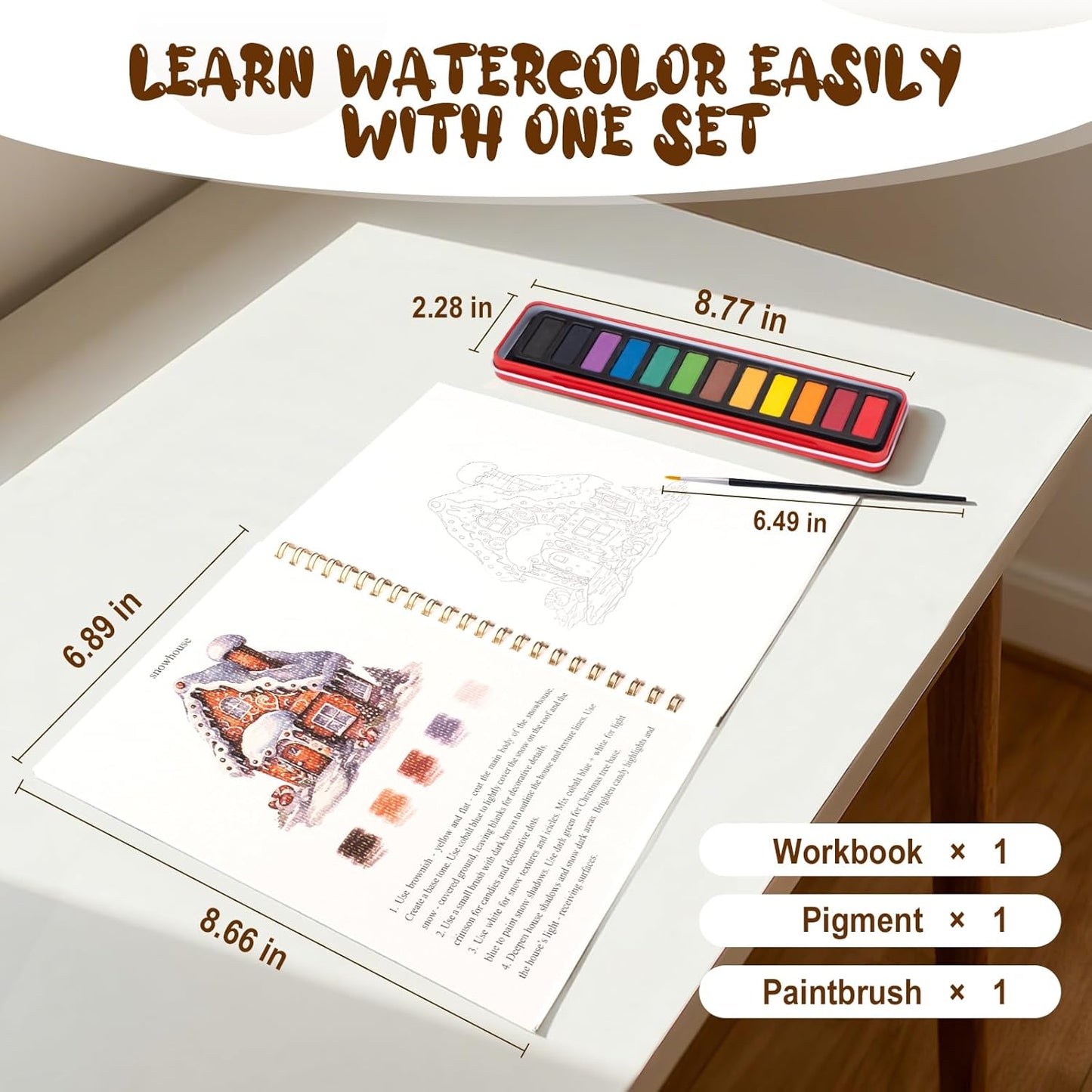 Kivzex Christmas Watercolor Workbook for Adults, Beginner Friendly Watercolor Painting Kit Winter Water Coloring Book, Nature-Themed Practice Art Gift Water Color Paint Book with Palette and Brush