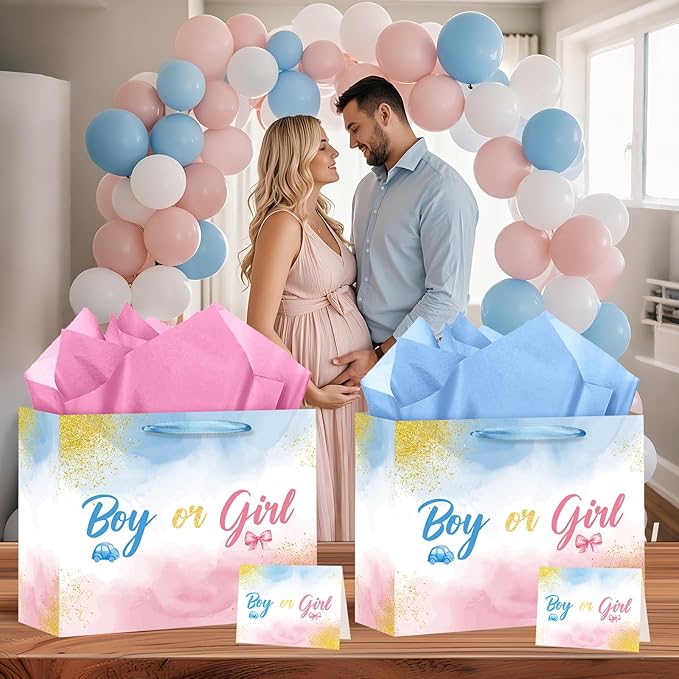 Gender Reveal Gift Bag Blue Pink Boy or Girl Paper Bag with Wrapping Paper Card What Will Baby Be Party Decoration Ink and Wash Treat Candy Bag for Baby Shower Gender Reveal Birthday Party Supplies