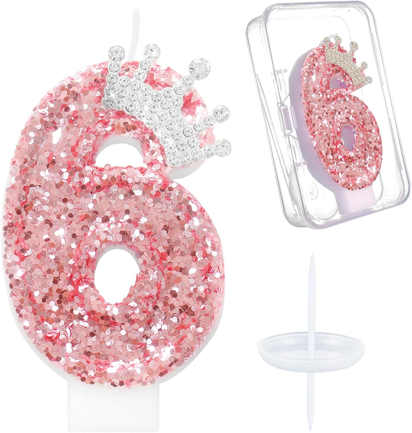 Ceya Number 6 Birthday Candles,Pink Crown Candle for Cake, Sparkling Number Glitter Candle 3.14inch Cake Topper,6st Birthday Decorations for Girl Women Reunions Anniversary Party Supplies