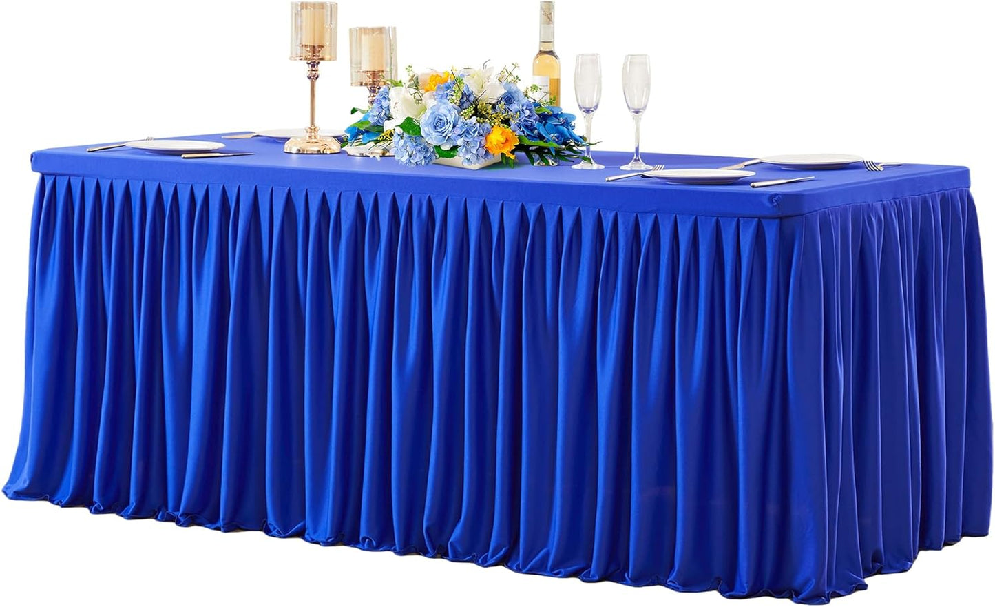 Royal Blue Polyester Table Clothes for 4 Foot Rectangle Tables, Wrinkle Free Fitted Table Cover with Pleated Ruffle Table Skirt for Birthday Party Wedding Trade Show Event Display