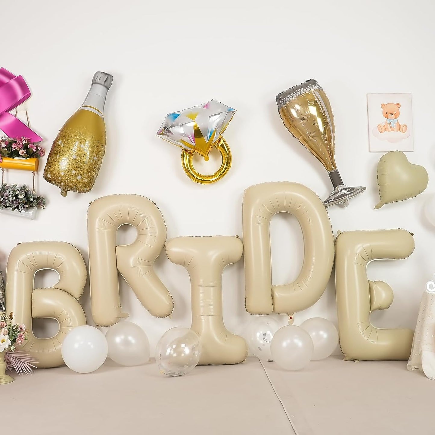 40inch Bride Balloons Beige Letters Banner, Sand White Bachelorette Party Decorations Set with Diamond Ring Champagne Bottle Balloon Glass Foil Balloon for Nude White Bachelorette Engagement Wedding