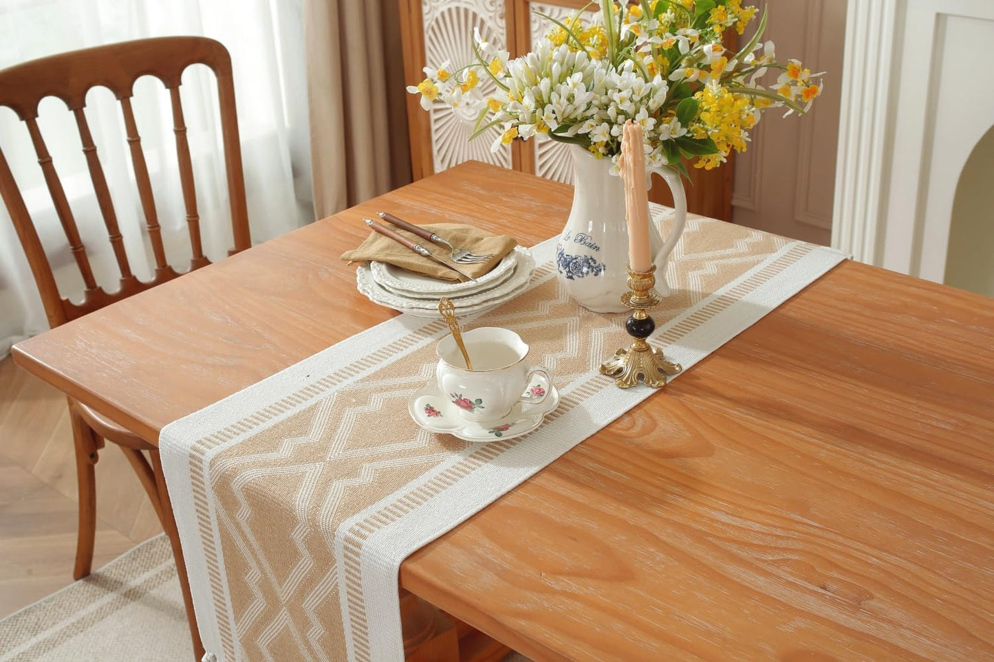Boho Table Runner ， Natural Cotton Woven Khaki Runner，for Modern Farmhouse Decor, with Tassels for Home Dining Table Decor 14 x 90 Inch Long