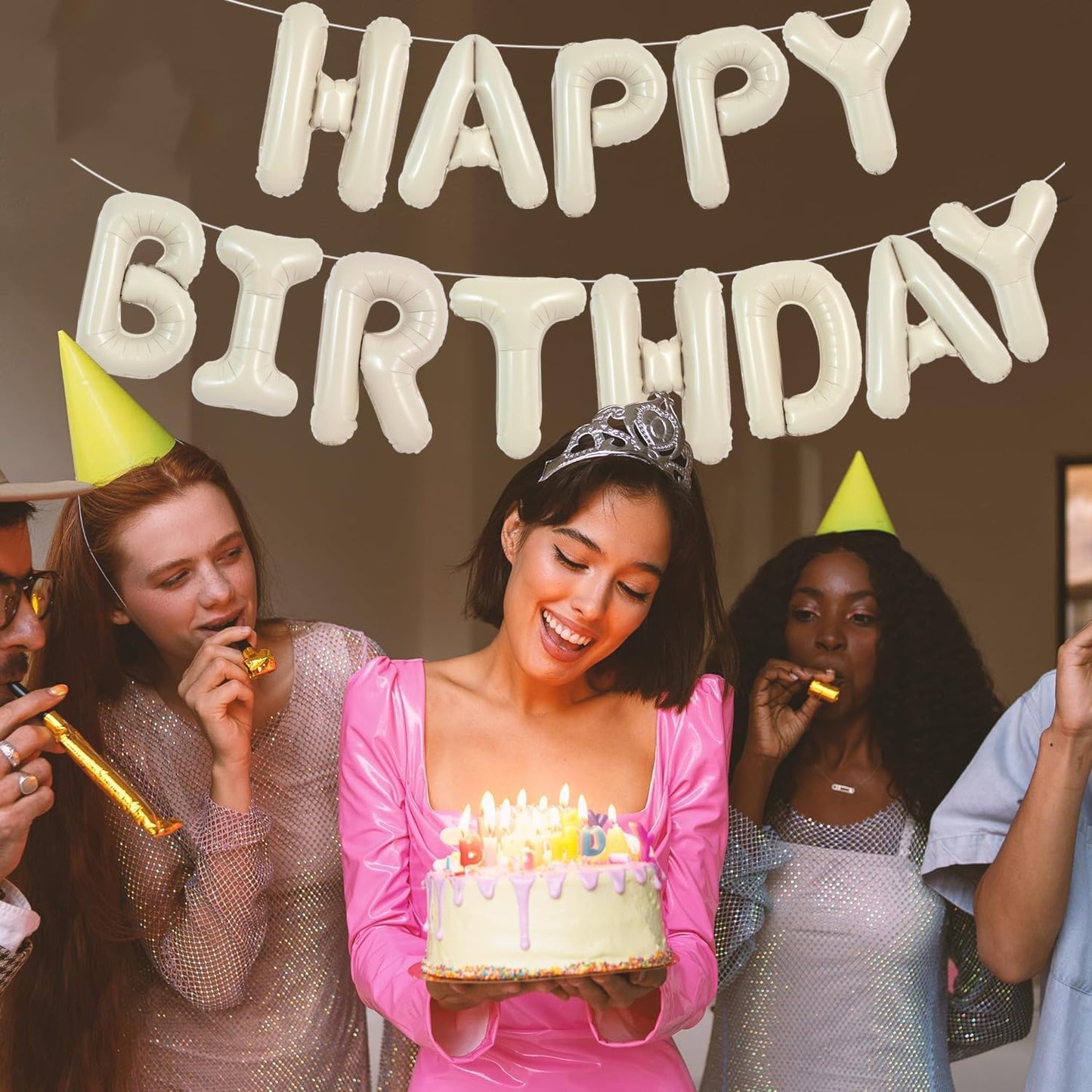 TONIFUL Cream White Happy Birthday Balloons Banner, 16 Inch Mylar Foil Letters Sign Bunting Reusable for Girls Boys Kids & Adults Decorations and Party Supplies
