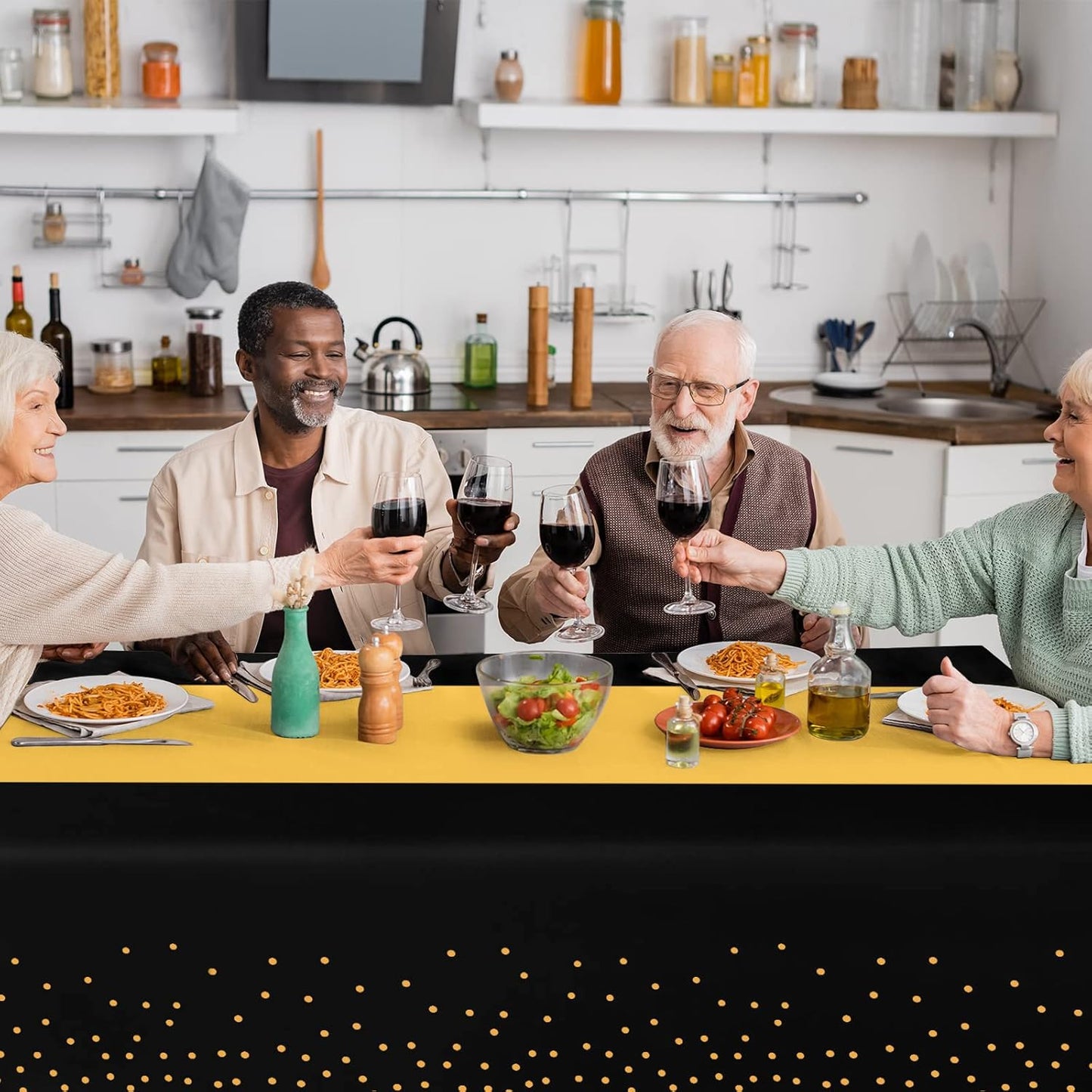 12Pack Disposable Plastic Tablecloths and Satin Table Runner Set Black and Gold Dot Tablecloth Gold Satin Table Runner for Wedding Birthday Baby Shower Anniversary Christmas New Year Party Supplies