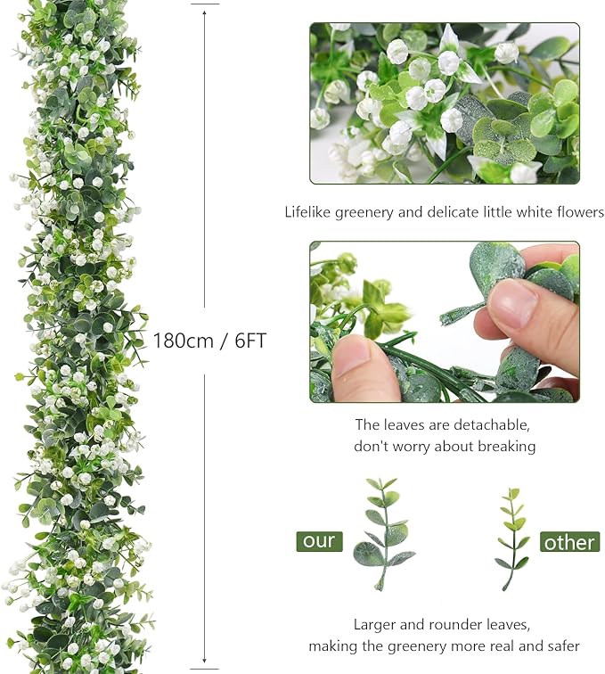 SOMYTING Faux Eucalyptus Garland 2 Pack Fake Vines Hanging Eucalyptus Babys Breath Greenery Garland Spring Garland for Mantle Table Wedding Backdrop Arch Party Wall Decor (2PCS)