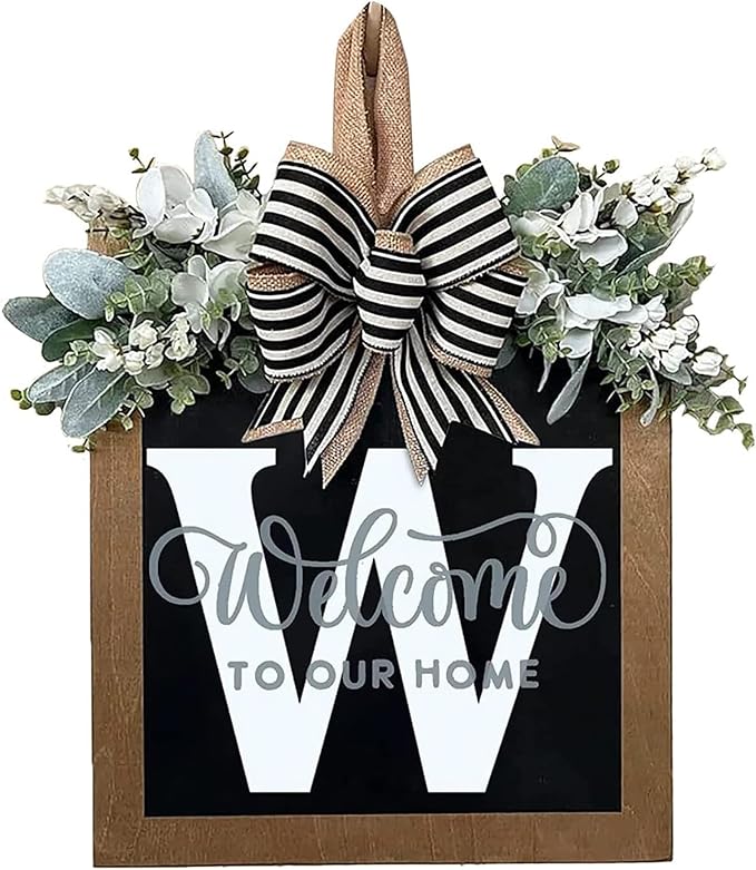 Last Name Year Round Front Door Wreath Front Porch Decoration 26 Letter Welcome Sign with Eucalyptus Garland and Bow Spring Wreaths for Front Door Outside Hanger Garland（W）