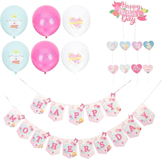 LOGOFUN Mothers Day Party Decorations Kit with Balloons Banners Cake Toppers for Festive Scene Setup and Celebration Supplies