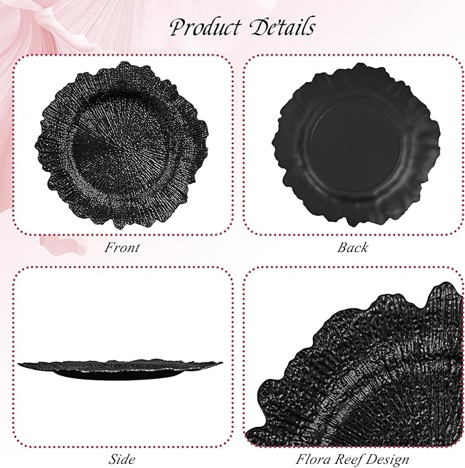50 Pack Black Charger Plates Bulk, 13" Plastic Reef Chargers for Dinner Plates, Round Charger Plate with Floral Reef Design for Dinner Wedding Party Table Setting Decoration