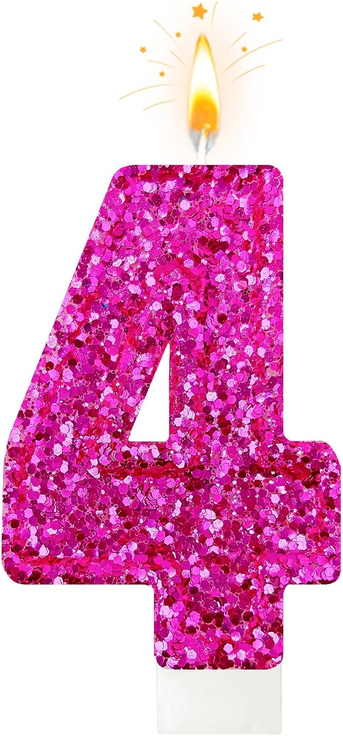 Zailo Birthday Number Candles, Glitter Number Candle Cake Decorations with Sequins, Cupcake Decorations for Girls, Women, Party Anniversary Celebrations (Number 4, Bright red)