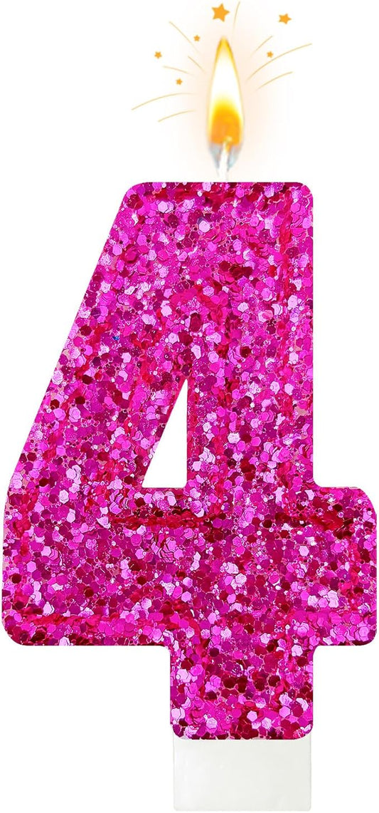 Zailo Birthday Number Candles, Glitter Number Candle Cake Decorations with Sequins, Cupcake Decorations for Girls, Women, Party Anniversary Celebrations (Number 4, Bright red)