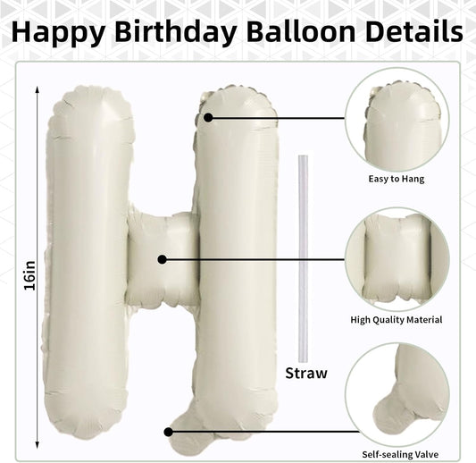 Cream Happy Birthday Balloon Banner, Neutral Beige Happy Birthday Foil Balloon, 16 Inch Ivory White Sand Born Day Bunting Banner Letter Balloons for Men Women Birth Party Decorations Supplies